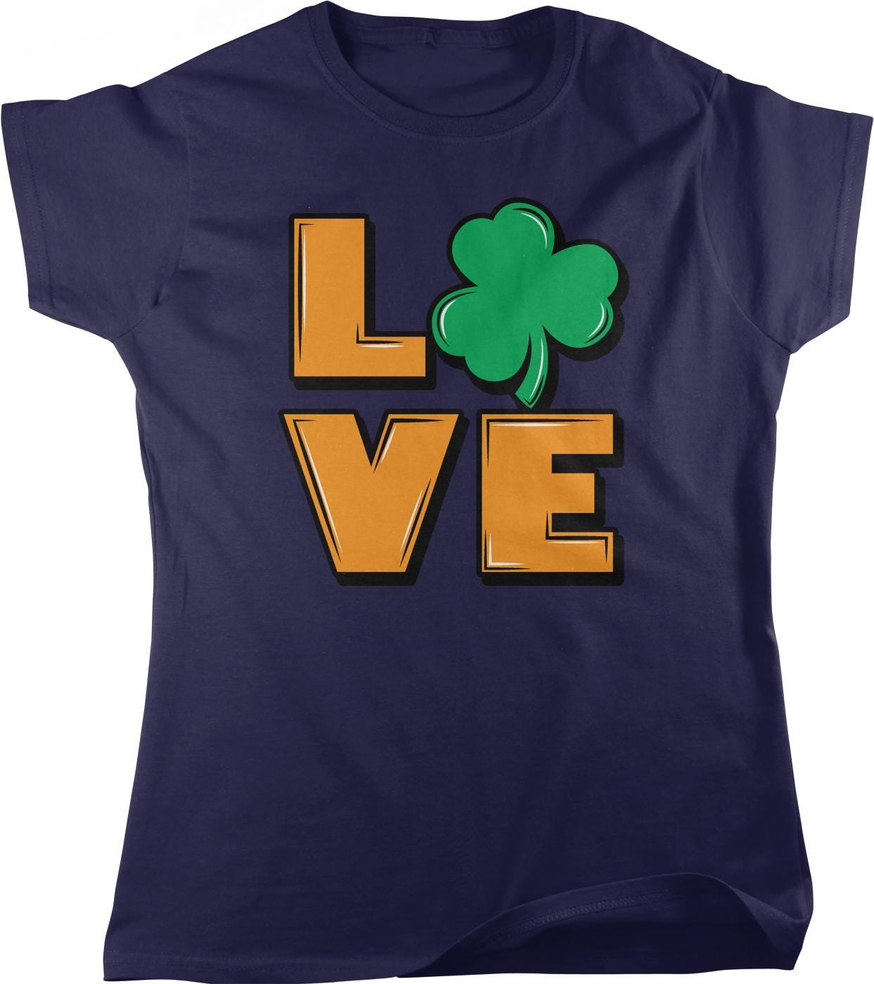 A dark blue t-shirt with the word "LOVE" and a green shamrock graphic printed on it.
