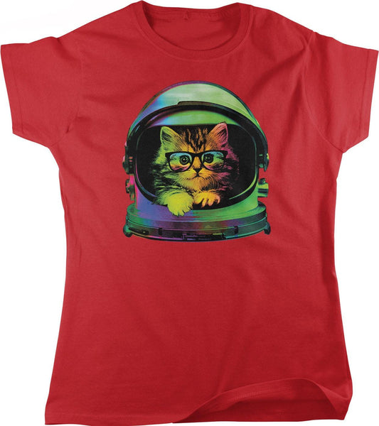 Space Kitten T-Shirt – Women's Graphic Tee with Rainbow Astronaut Helmet Design