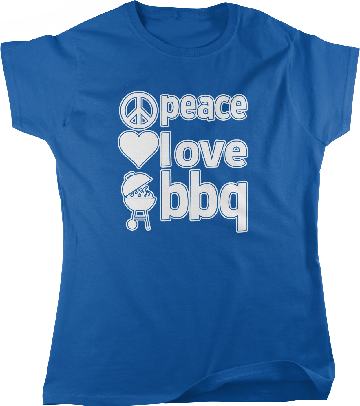 A blue t-shirt with the text "Peace Love BBQ" printed on it.