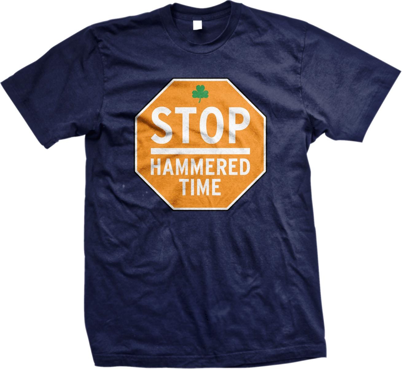 A navy blue t-shirt with an orange octagonal stop sign design and the text "STOP HAMMED TIME" printed on it.