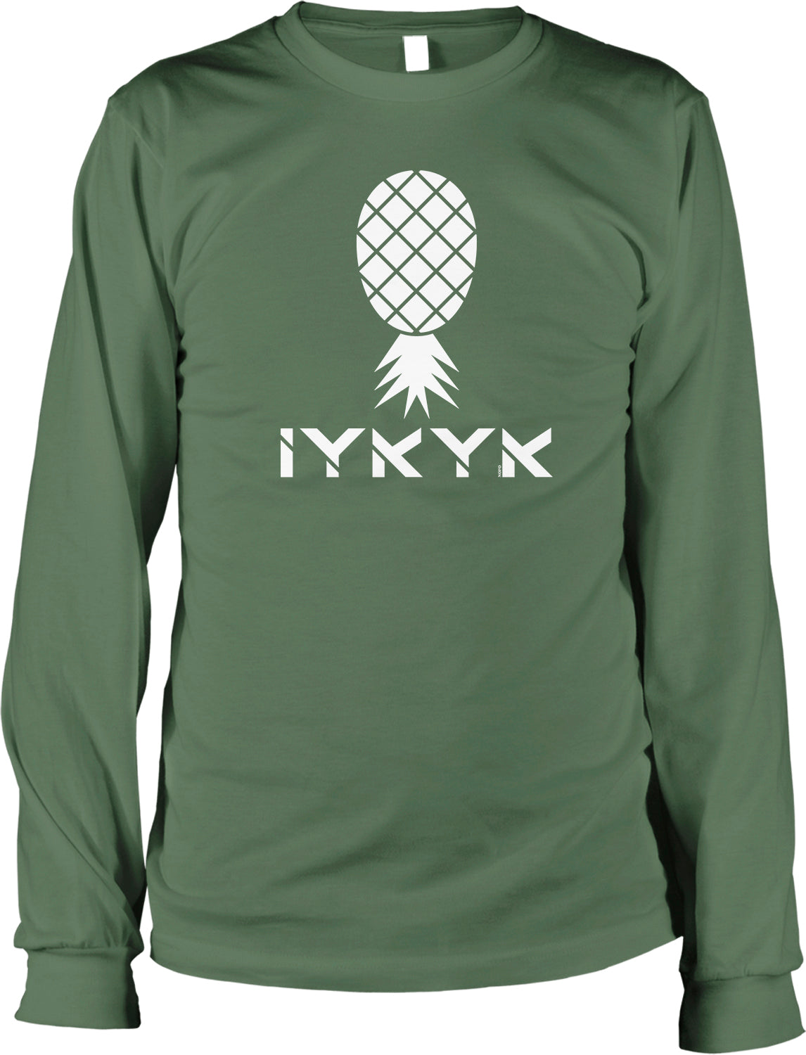 A green long-sleeved t-shirt with a white pineapple graphic and the text "IYRYK" printed on it.