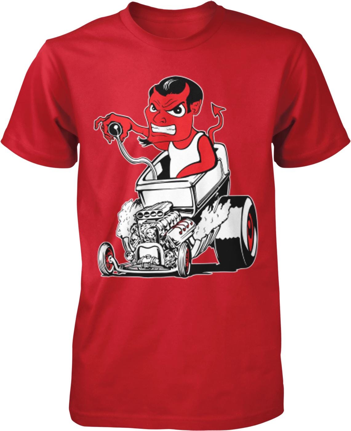 A red t-shirt with a cartoon image of a devil-like character sitting in a car with a large engine.