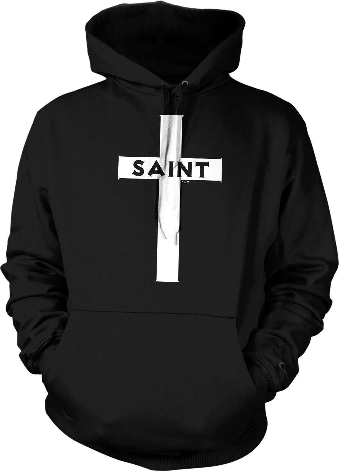 A black hoodie with a white cross design on the front.