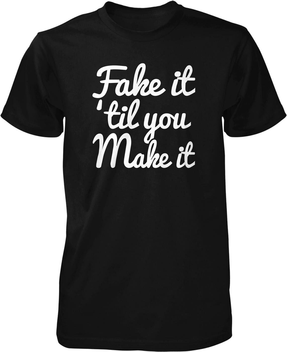 The image is a black t-shirt with white text printed on it.