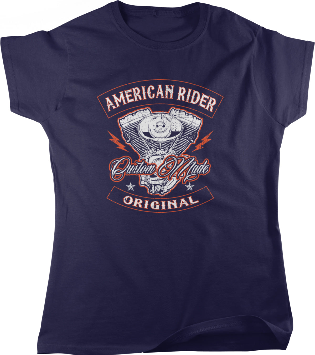 A navy blue t-shirt with a graphic design featuring a motorcycle engine and the text "AMERICAN RIDER Custom Made Original".