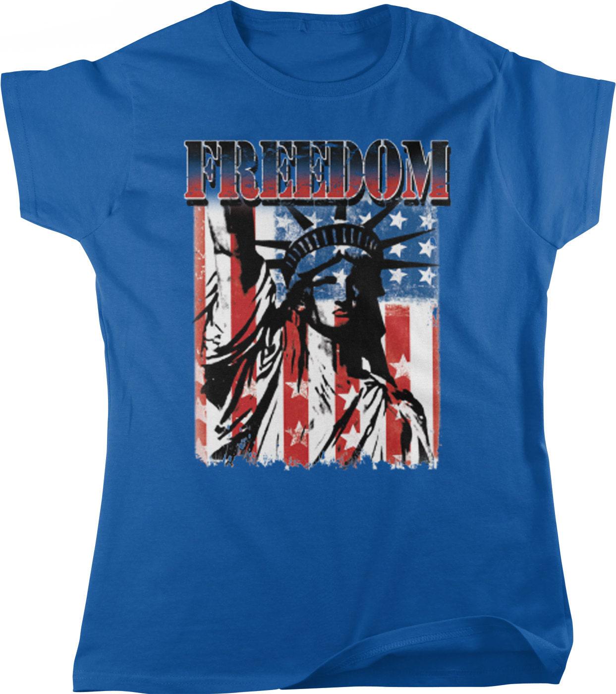 USA Women's T-Shirt - Patriotic Tee with Statue of Liberty, Red White Blue Colors