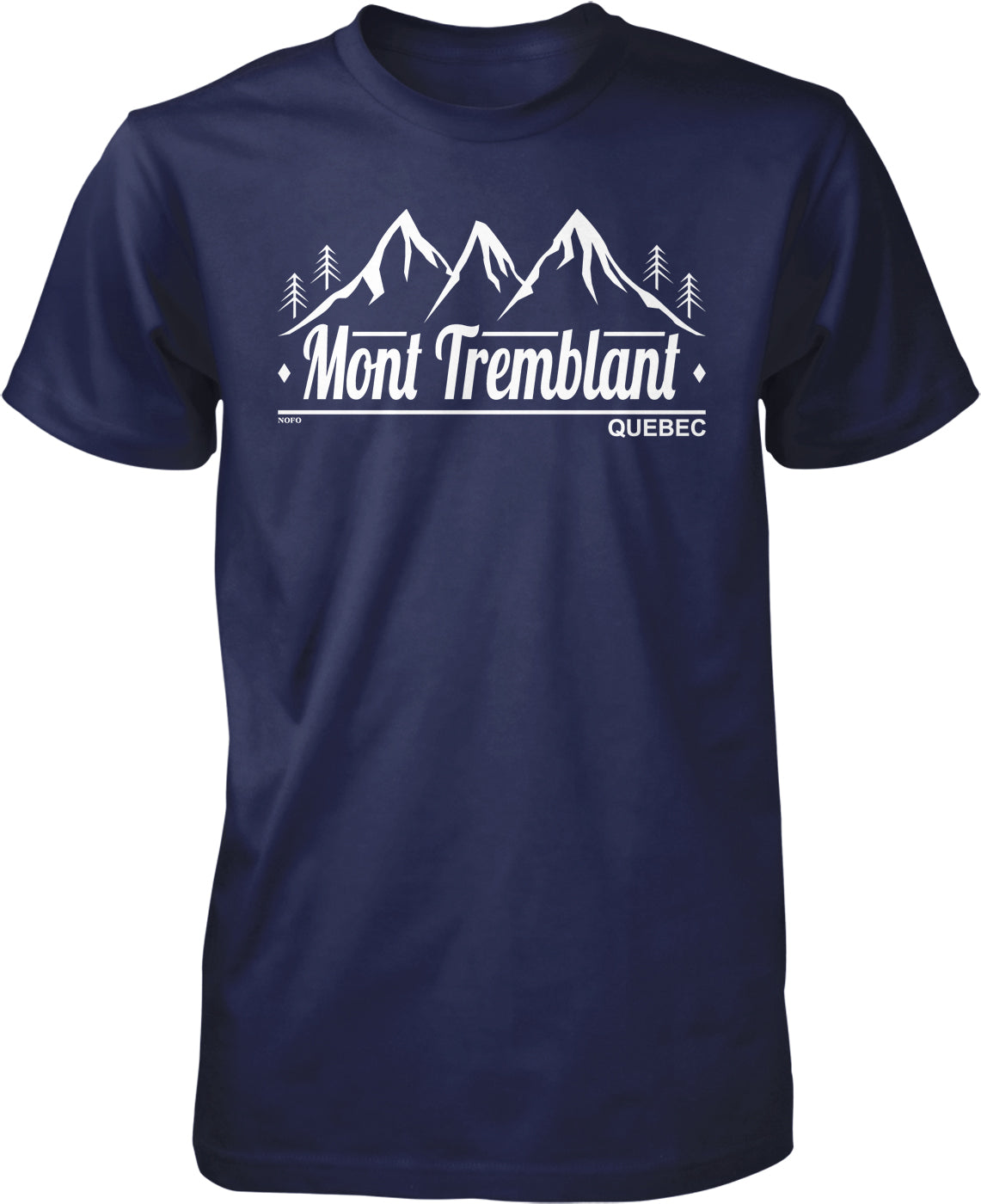 A navy blue t-shirt with a graphic design featuring a mountain range and the text "Mont Tremblant" and "Quebec" printed on it.