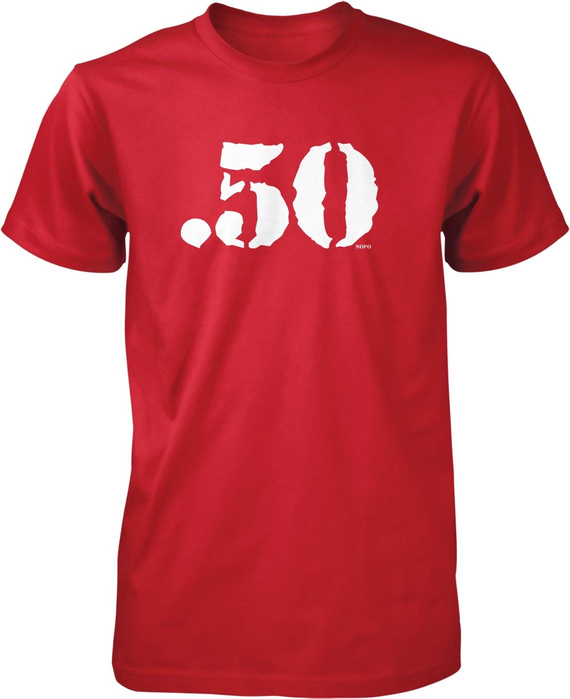 A red t-shirt with the number 50 printed on it in white.