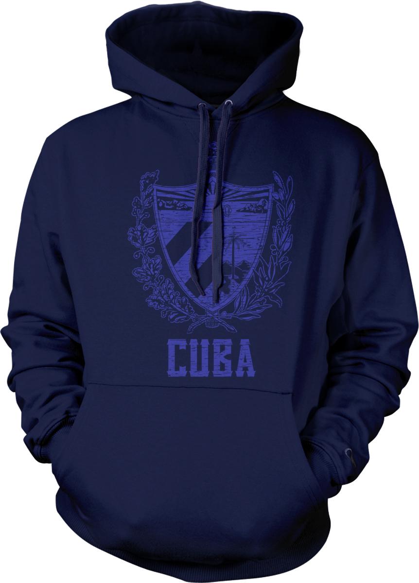 A navy blue hoodie with a graphic design featuring a shield and the word "CUBA" printed on it.