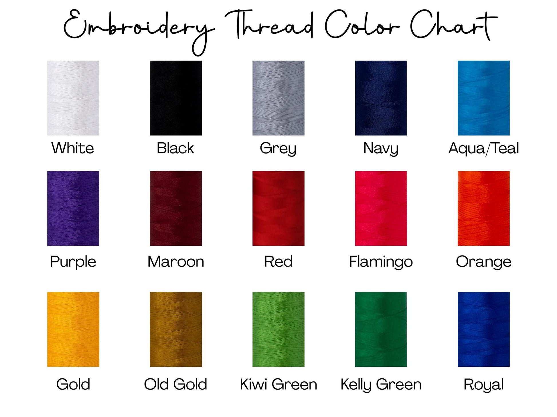 The image is an embroidery thread color chart that displays various embroidery thread colors, including white, black, grey, navy, aqua/teal, purple, maroon, red, flamingo, orange, gold, old gold, kiwi green, and royal.