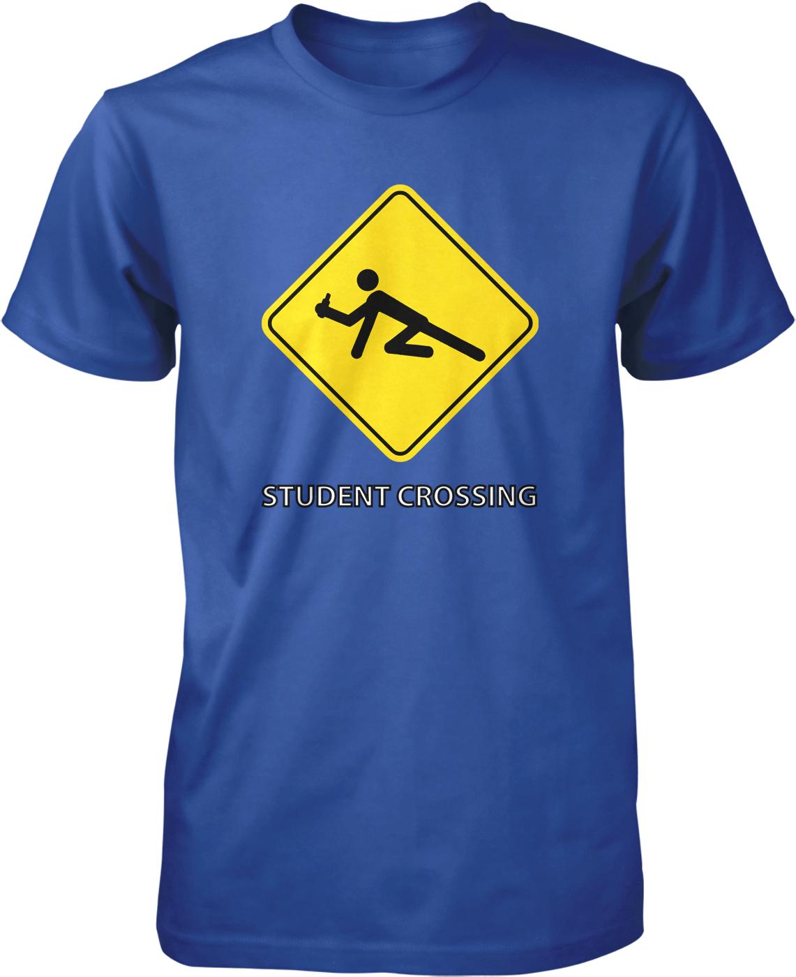 A blue t-shirt with a yellow diamond-shaped sign featuring a person in a kneeling position, along with the text "Student Crossing" below it.
