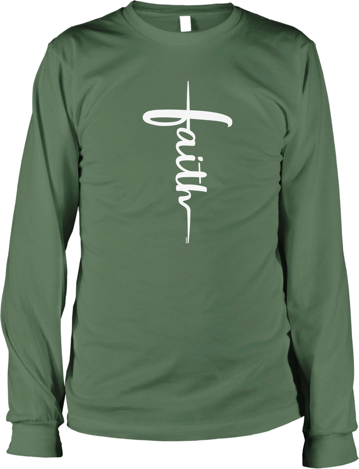 A long-sleeved green t-shirt with the word "Faith" printed in white on the front.