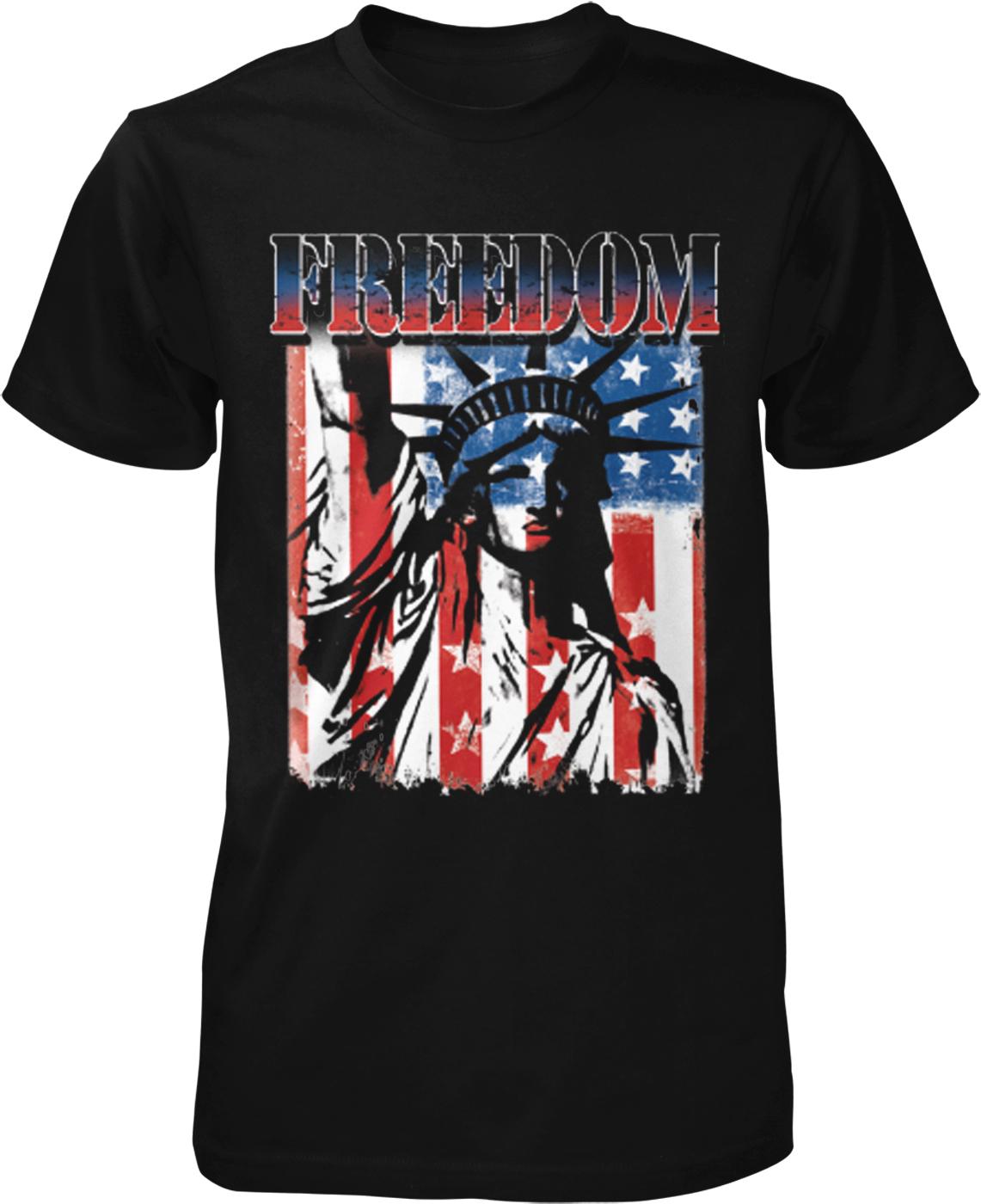 a black t-shirt with a graphic design of the Statue of Liberty and an American flag.