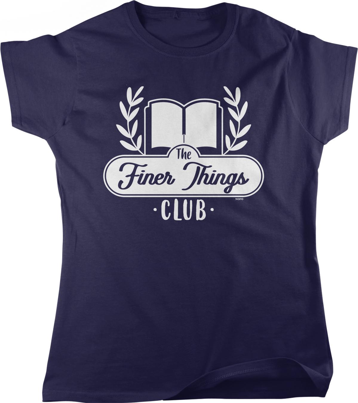 A navy blue t-shirt with a white graphic design featuring a book and laurel wreaths, along with the text "The Finer Things Club" printed on it.