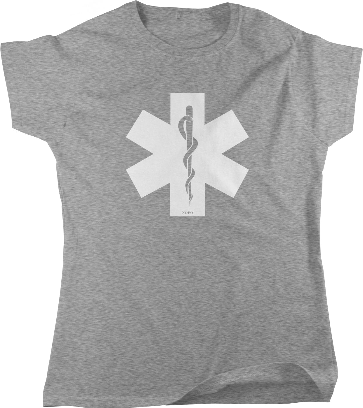 A gray t-shirt with a white star-shaped logo featuring a medical symbol, such as a stethoscope or a medical cross, printed on it.