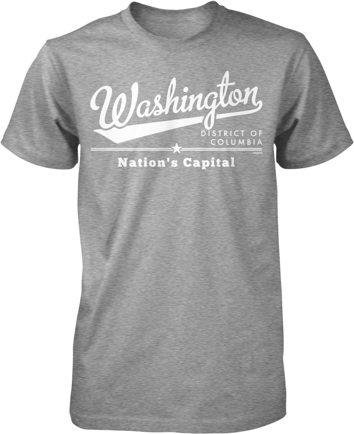 A gray t-shirt with white text that reads "Washington District of Columbia Nation's Capital".