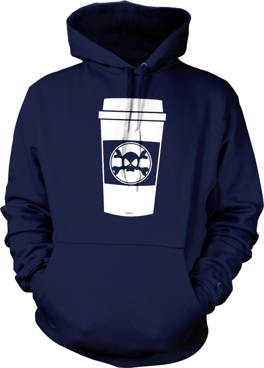 A navy blue hoodie with a white coffee cup graphic printed on it.