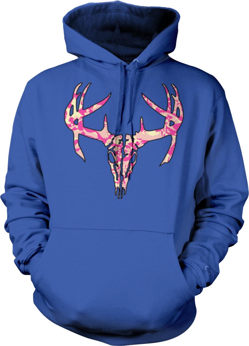 A blue hoodie with a pink and white deer skull design on the front.