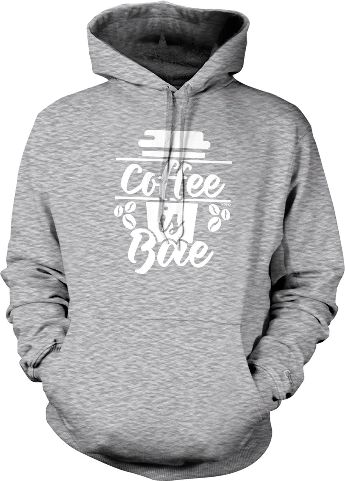 A gray hoodie with a white graphic design on the front that says "Coffee is Boe" and a coffee cup icon.