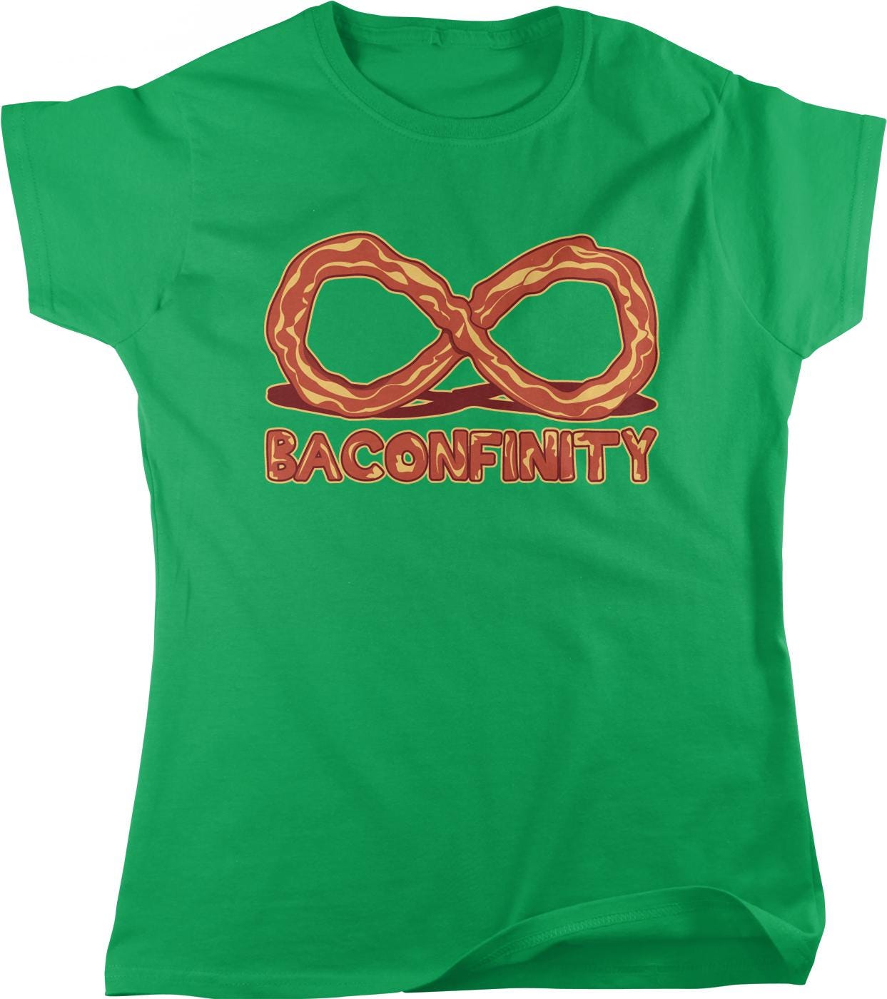 A green t-shirt with a graphic design depicting bacon wrapped around a pretzel, with the text "BACONFINITY" below it.