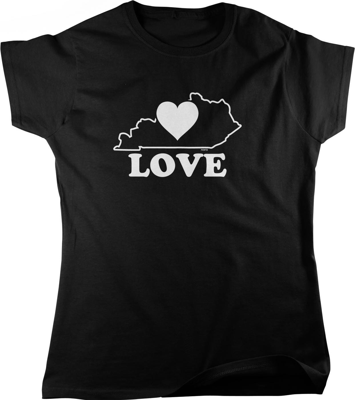A black t-shirt with a white graphic design that says "LOVE" and features a heart shape.