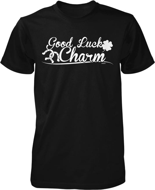 A black t-shirt with white text that says "Good Luck Charm" printed on it.