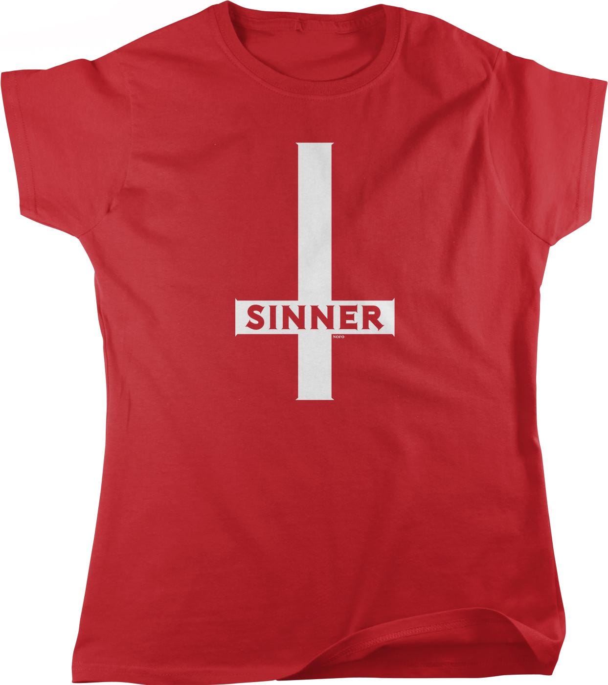A red t-shirt with a white graphic design on it.