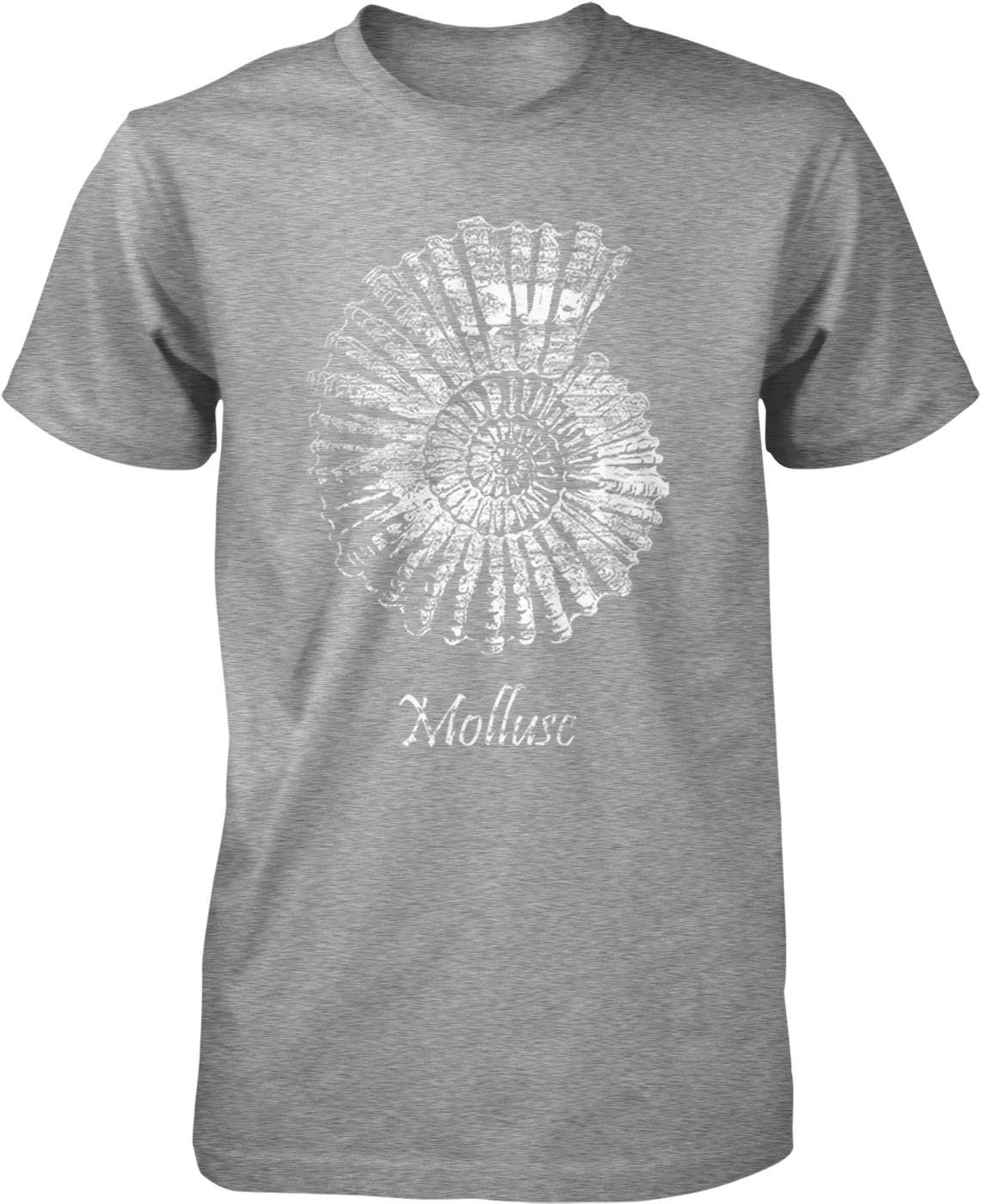 A gray t-shirt with a white graphic design depicting a spiral shell or shell-like shape.