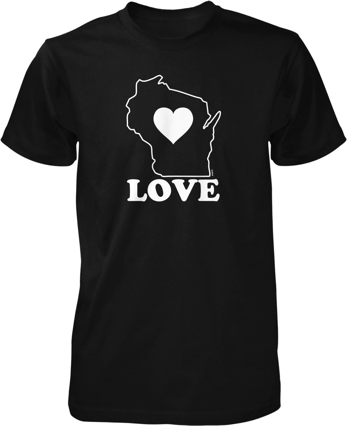 A black t-shirt with a white graphic design that features a heart shape and the word "LOVE" written below it.