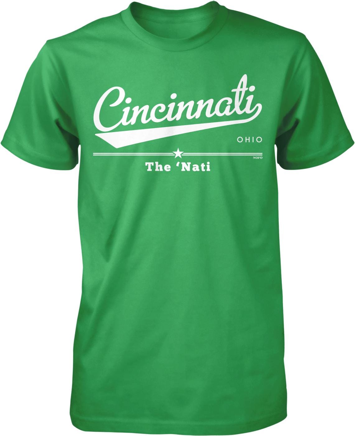 A green t-shirt with white text and graphics printed on it.