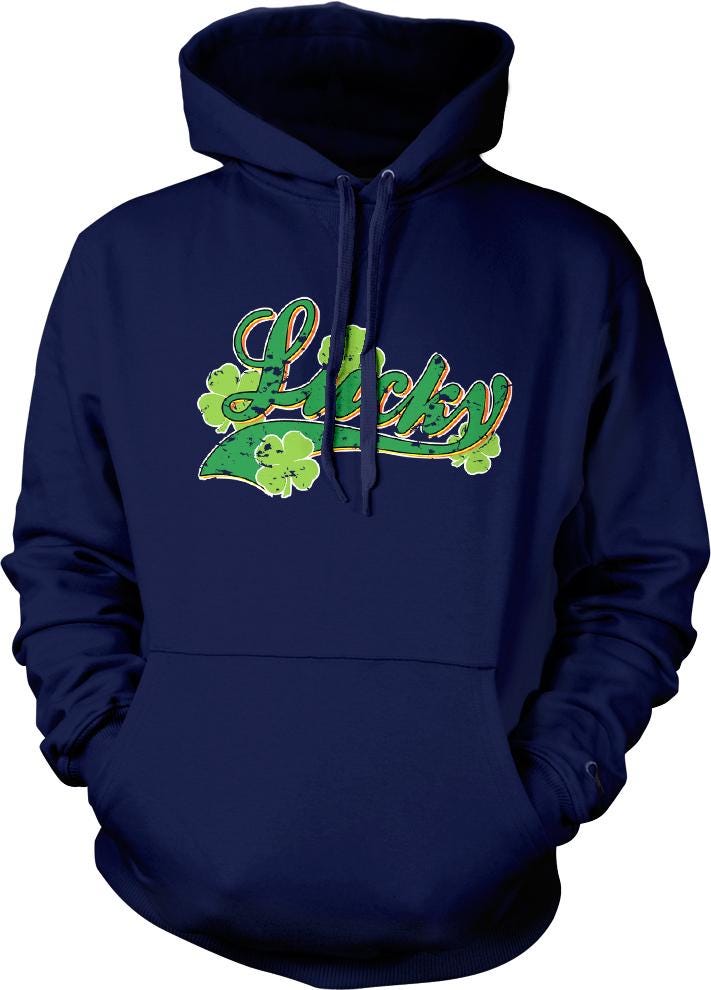 A navy blue hoodie with a graphic design featuring the word "Lucky" and clovers.