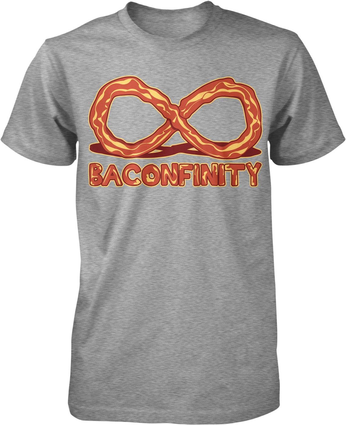 A gray t-shirt with a graphic design featuring a large bacon-flavored pretzel and the text "BACONFINITY" below it.