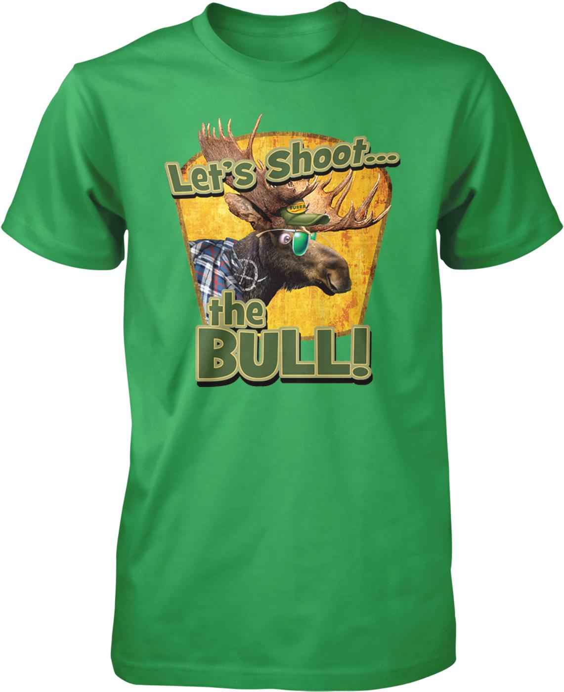 A green t-shirt with a graphic design featuring a moose wearing sunglasses and the text "Let's Shoot the Bull!"