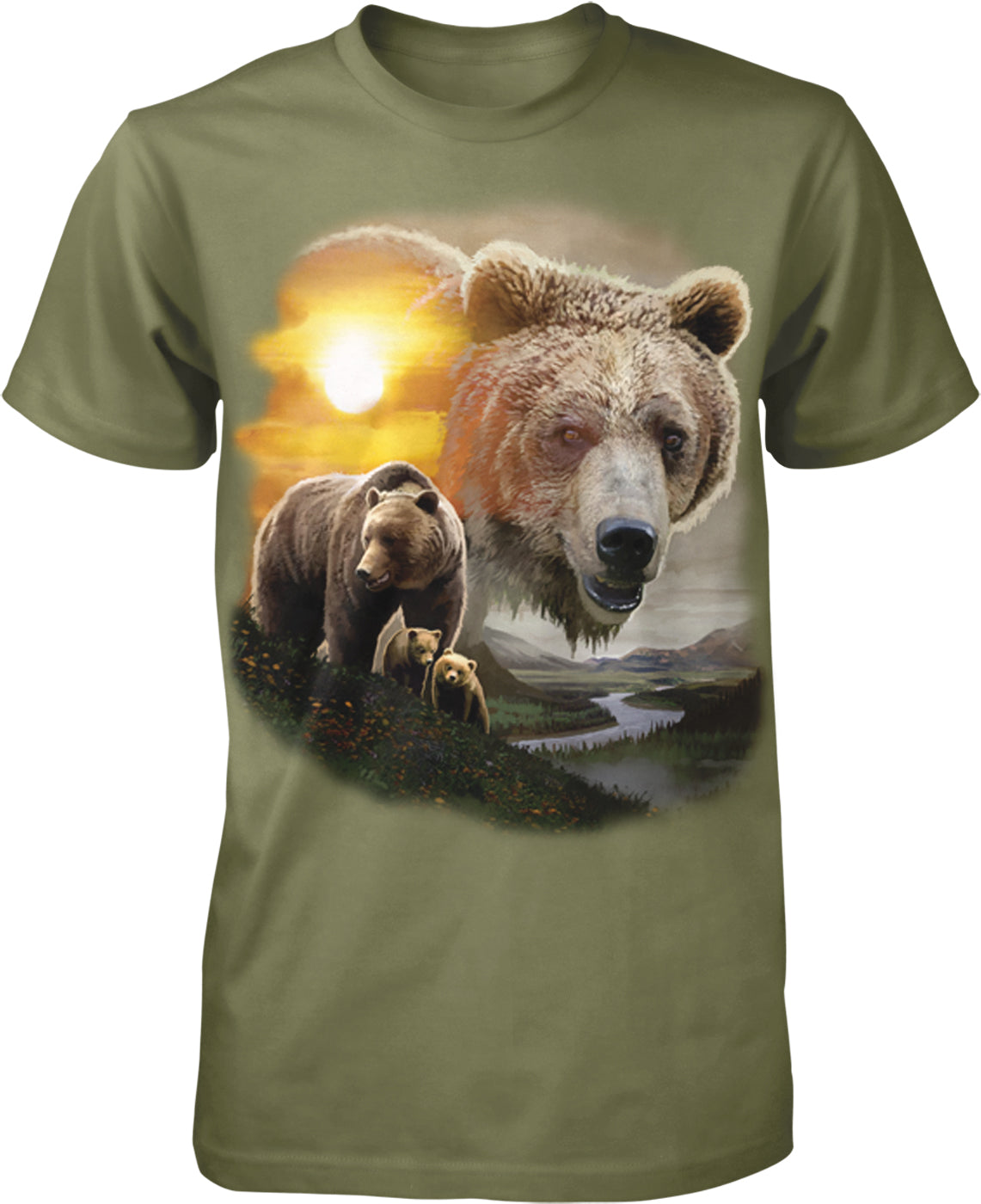 A t-shirt design featuring a large bear in the foreground and a smaller bear in the background, set against a scenic landscape with a sunset and mountains in the distance.