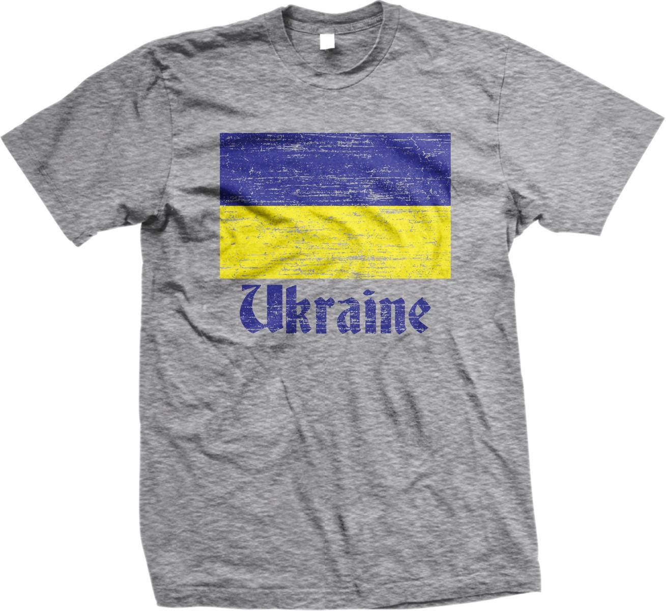 A gray t-shirt with a graphic design featuring the flag of Ukraine and the word &quot;Ukraine&quot; printed on it.
