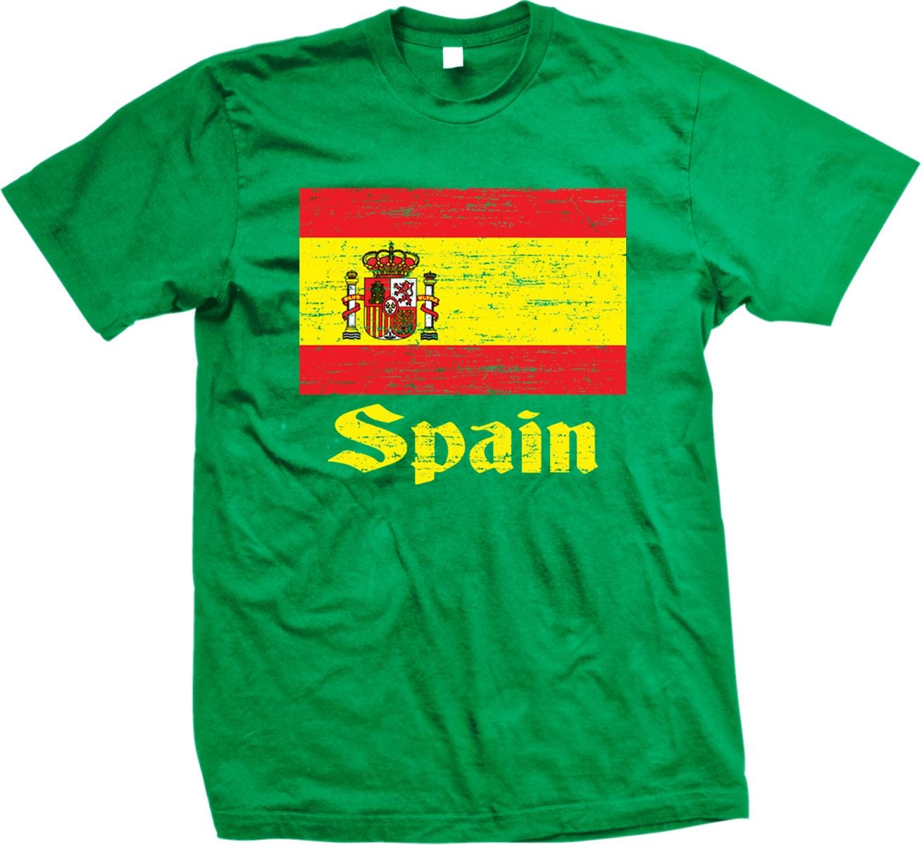 A green t-shirt with a graphic of the Spanish flag and the word "Spain" printed on it.