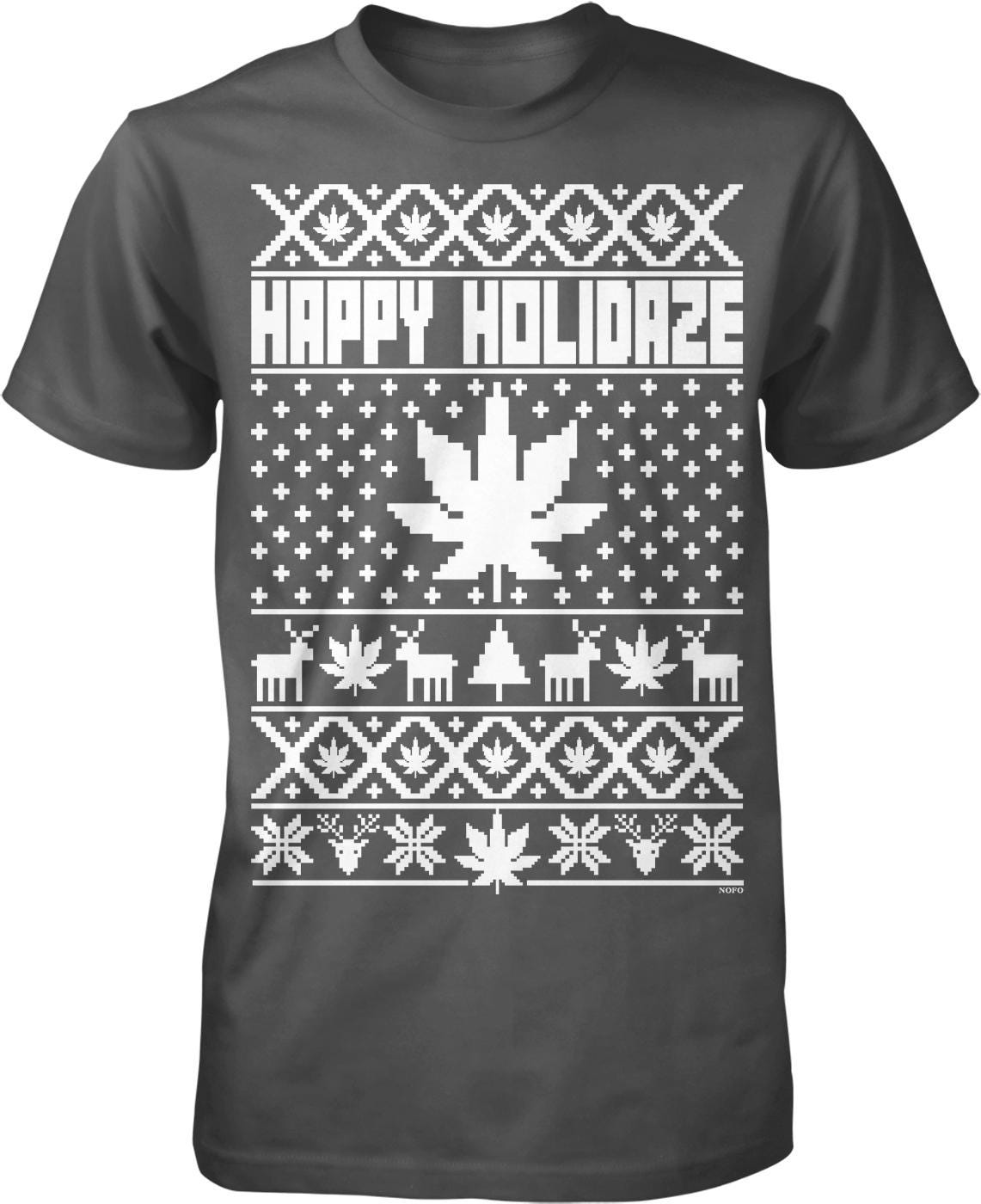 A black t-shirt with a white design featuring a Christmas tree, snowflakes, and deer. The text "HAPPY HOLIDAZE" is displayed above the design.