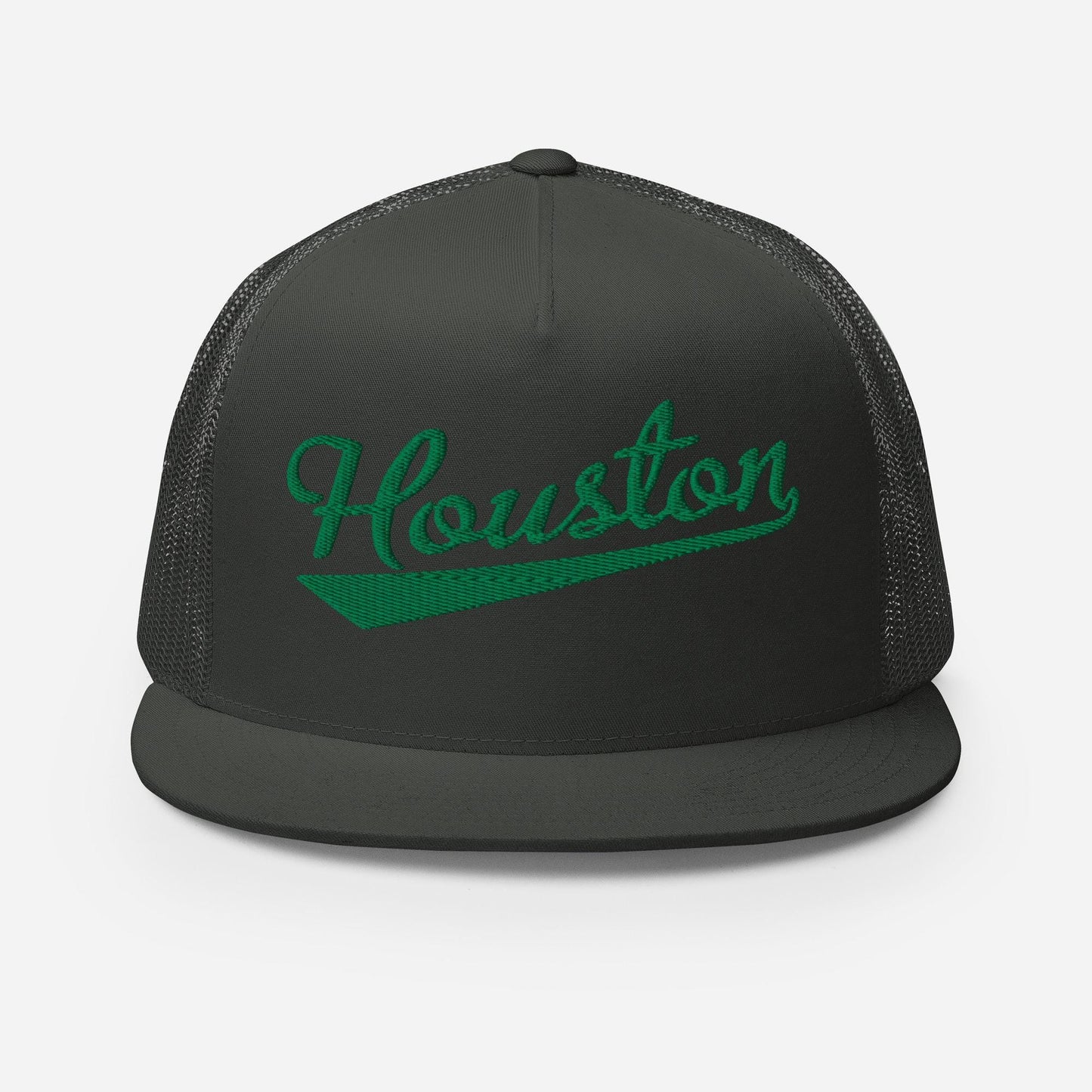 A black baseball cap with the word "Houston" embroidered on it in green.
