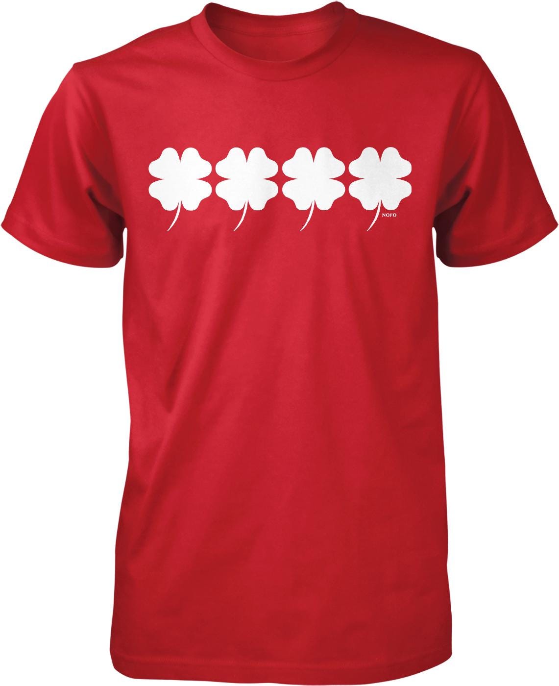 A red t-shirt with a graphic design of four white four-leaf clovers arranged in a row.