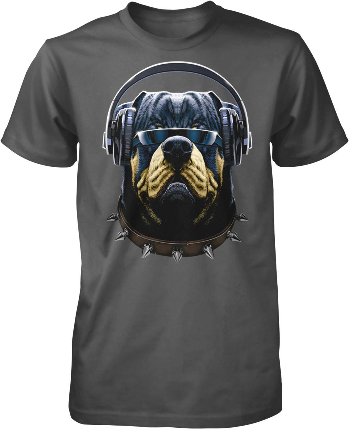 A t-shirt design featuring a dog wearing headphones and sunglasses, with spikes on its collar.