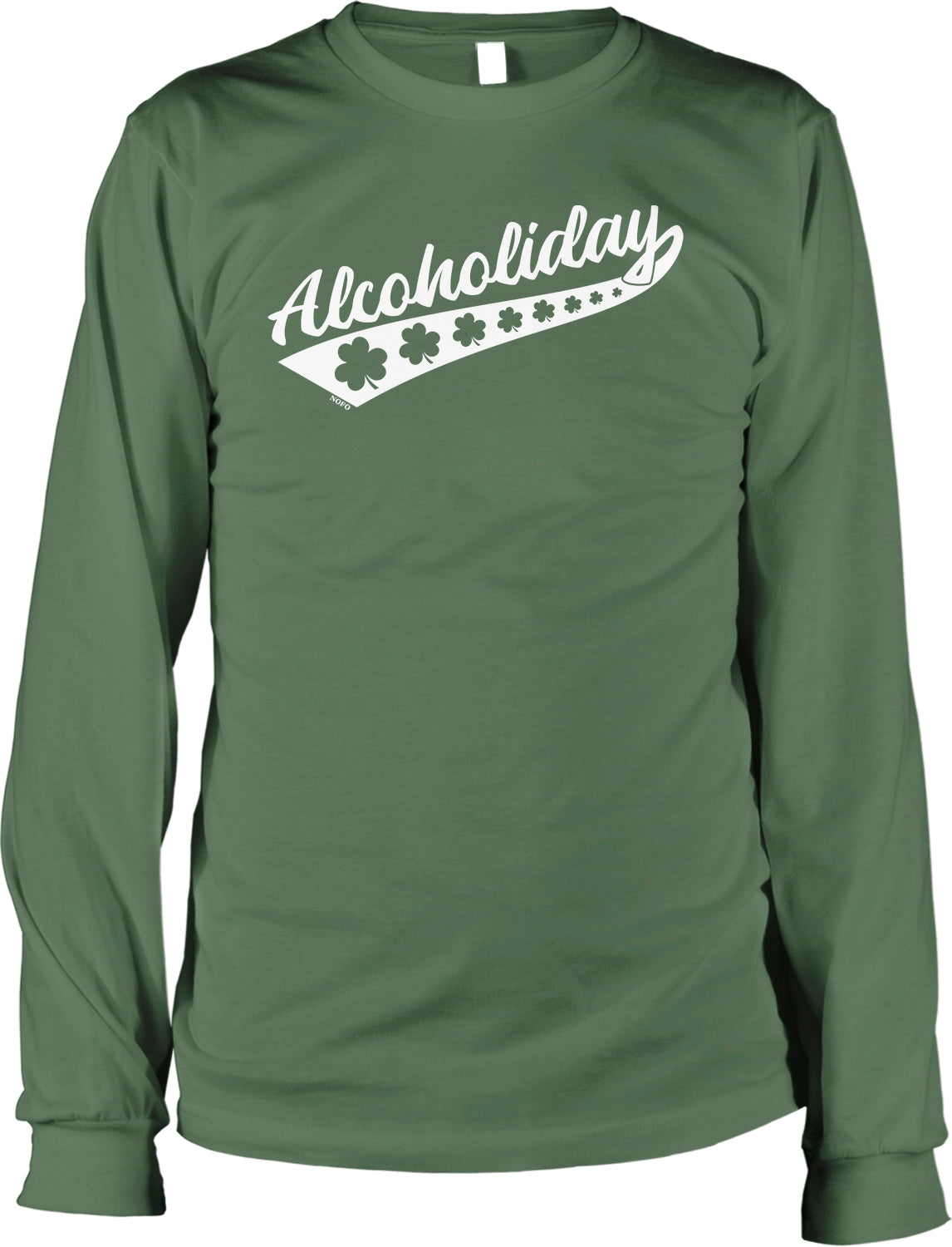 A long-sleeved green t-shirt with the text "Alcoholiday" printed on it in white.