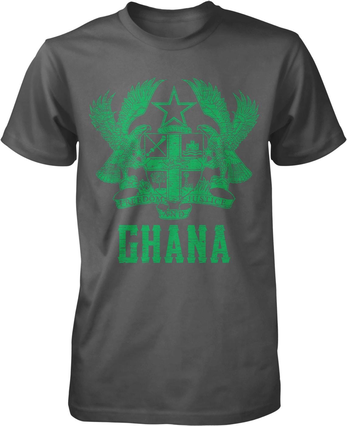A gray t-shirt with a green graphic design featuring a crest or emblem with a star and wings, along with the word "GHANA" written below it.
