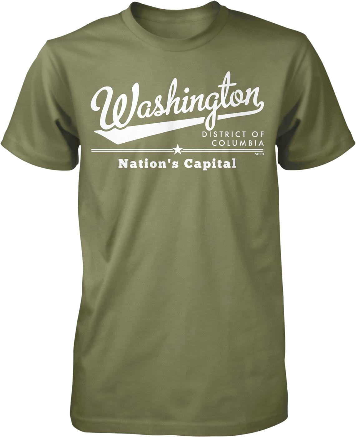 A green t-shirt with white text that reads "Washington District of Columbia Nation's Capital".