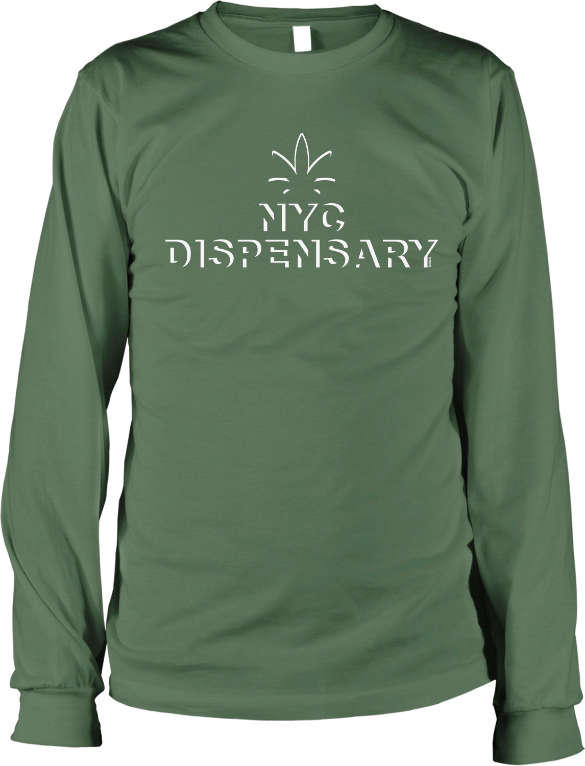 A long-sleeved green t-shirt with the text "NYC DISPENSARY" printed on it.