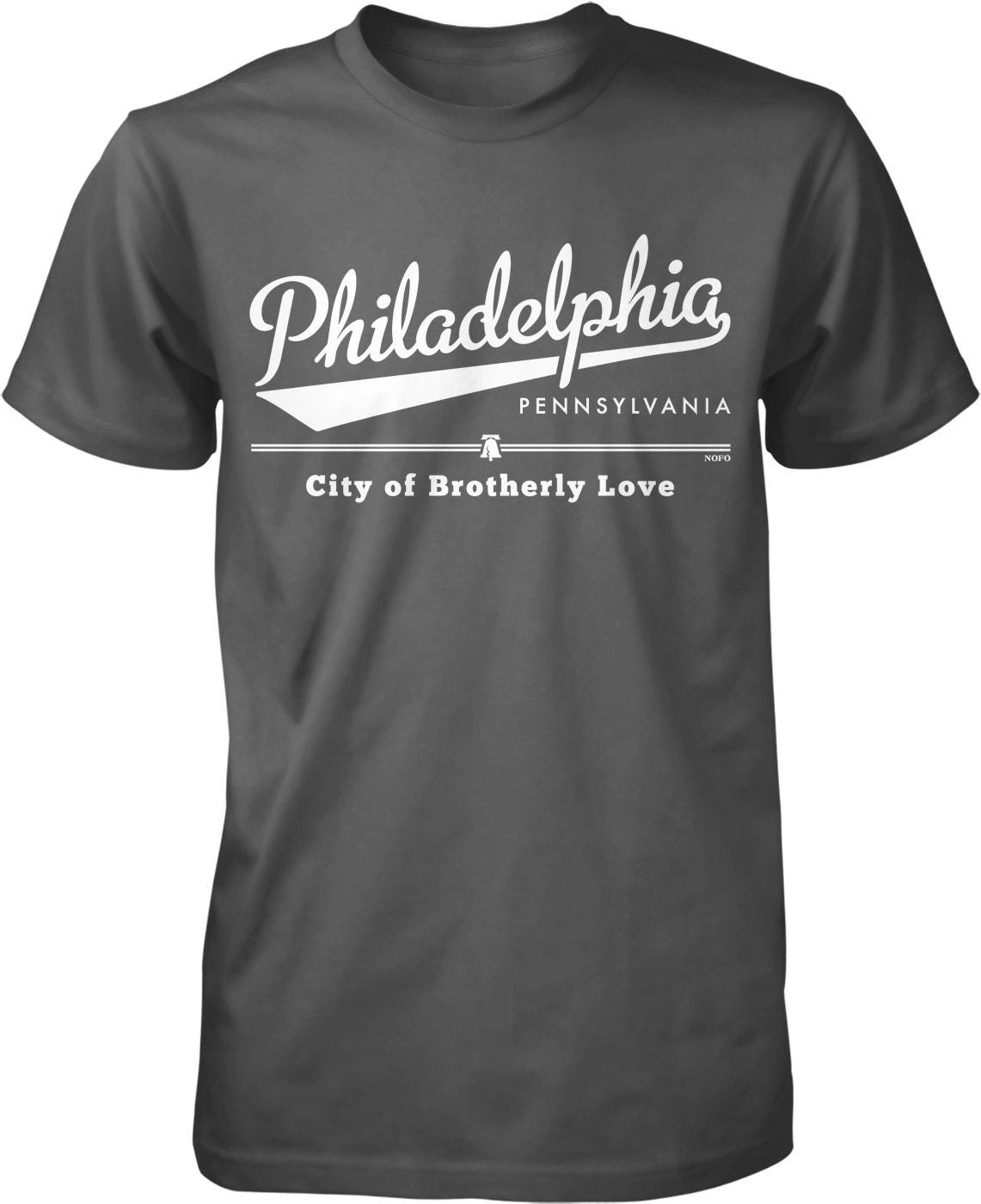 A gray t-shirt with white text and graphics printed on it.
