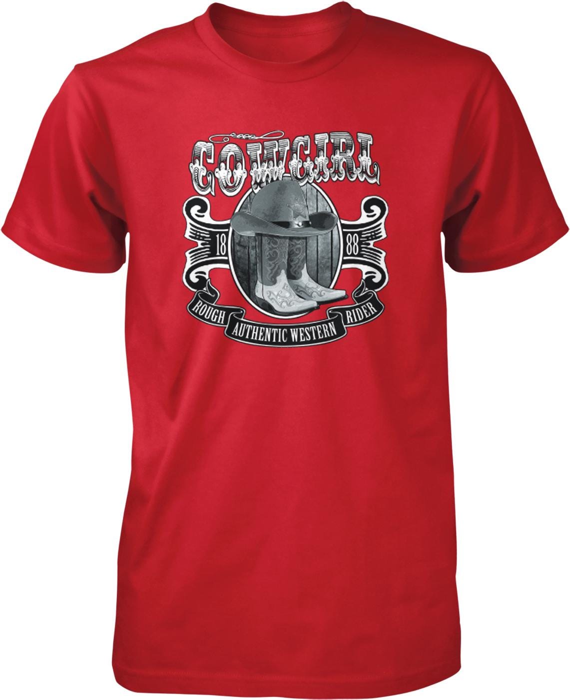 A red t-shirt with a graphic design featuring a cowboy hat, boots, and the text "COWGIRL" prominently displayed.