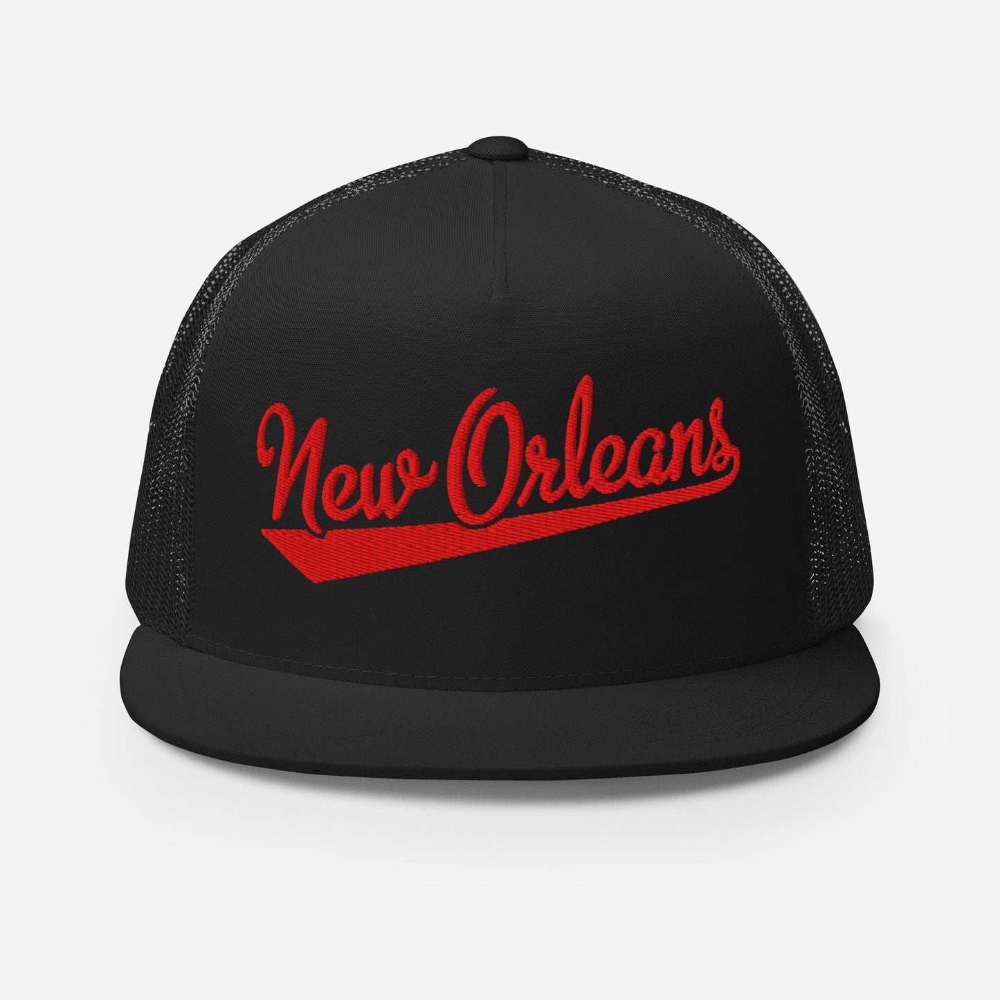 A black baseball cap with the text "New Orleans" printed in red on it.