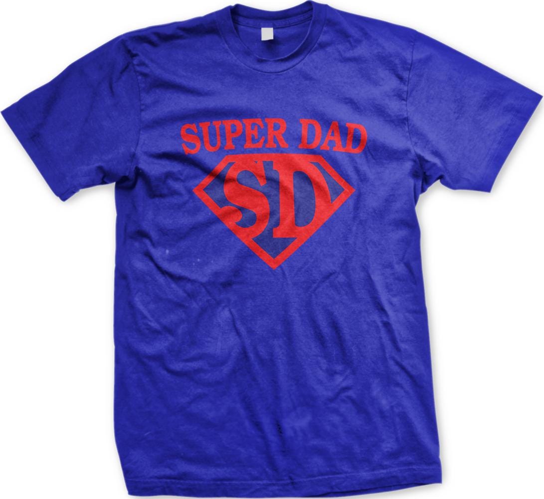 A blue t-shirt with the text "SUPER DAD SD" printed on it in red.