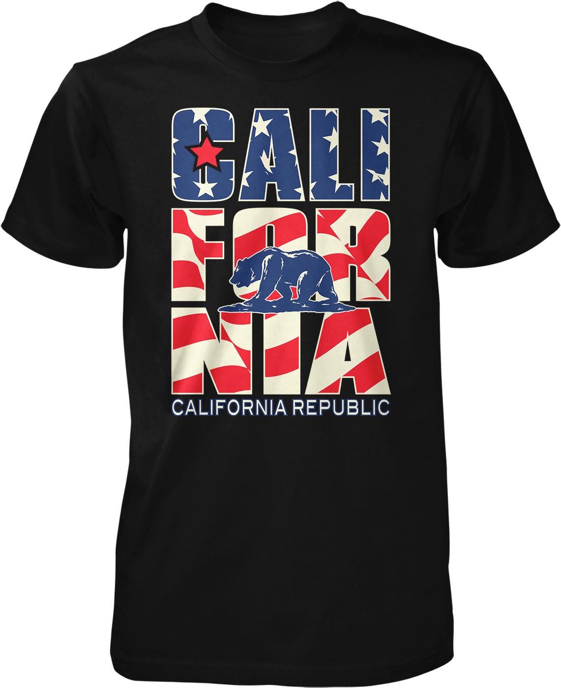 A black t-shirt with the text "CALIFORNIA REPUBLIC" and an image of a bear, along with the American flag and stars.