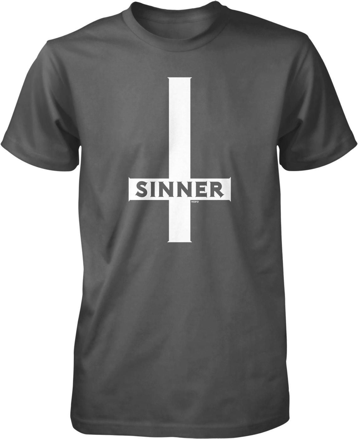 A gray t-shirt with a white graphic design on the front.
